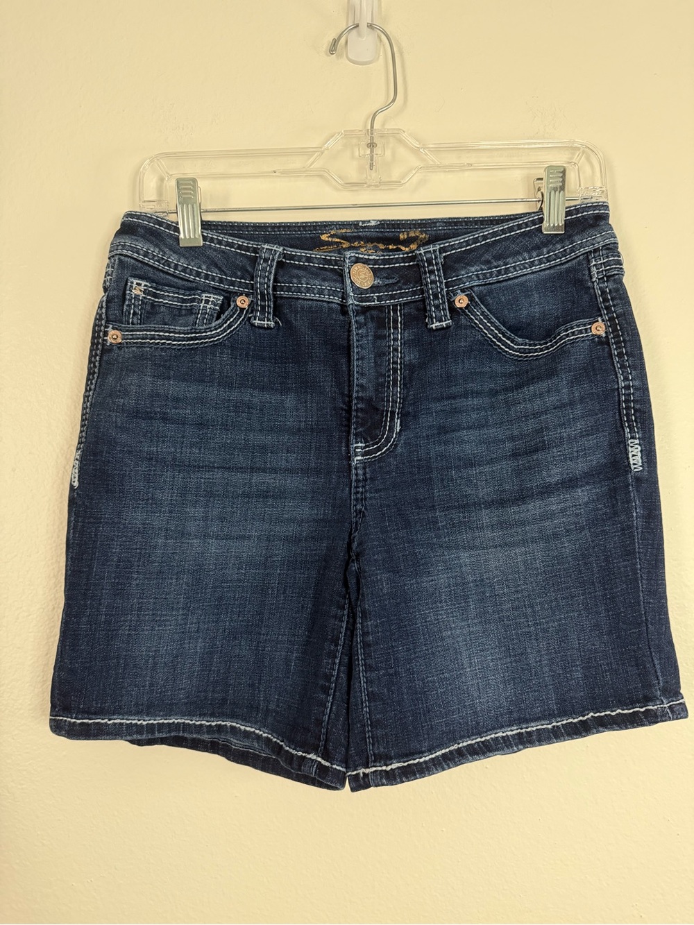 Seven7 Rodeo Shorts Women's 4 Dark Wash Blue Jean Denim Mid Rise Stretch Stitch
